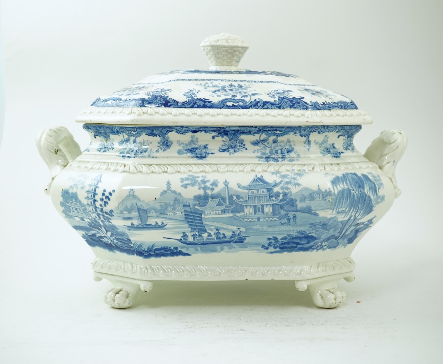A large Staffordshire blue and white Chinese Marine pattern soup tureen, mid 19th century